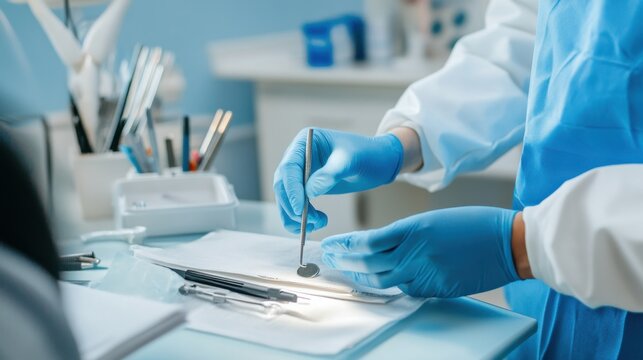 A dermatologist performing a skin biopsy with a biopsy punch in a dermatology clinic, with medical tools and patient records visible, Clinical style