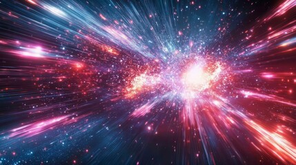 Naklejka premium A chaotic yet beautiful depiction of data flow in a sci-fi setting, with bright neon rays and explosive bursts of color, on a black background