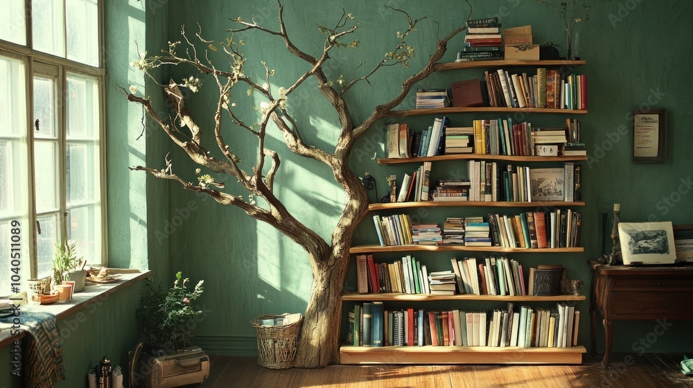 Poster a tree branch forms a bookshelf in a room with a window and a desk