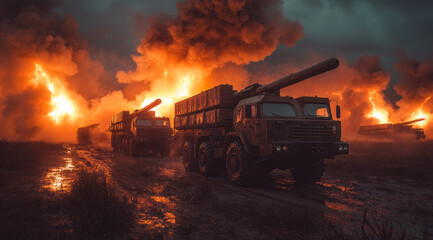 Fototapeta premium A row of military anti-aircraft vehicles, with multiple missile launchers on the truck deck firing missiles into the sky