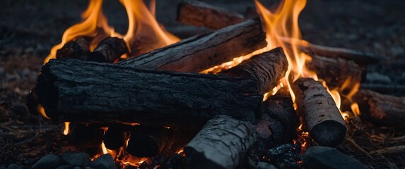 Fototapeta premium A close-up of a crackling campfire at dusk, with hands extended toward the flames for warmth, as the glow lights up the surrounding faces of friends gathered around