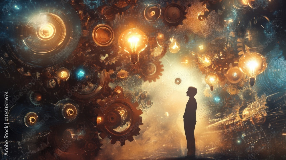 Poster a creative depiction of a person surrounded by floating gears and light bulbs, with a backdrop of sw