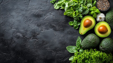  Fresh Avocados & Greens with Seeds on Dark Rustic Background