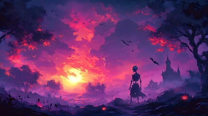 Joyous Skeleton Gazing Ahead with Enthusiasm in a Captivating Halloween Wonderland of Spirits