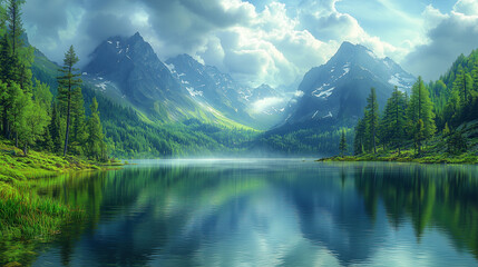 Serene lake reflects the majestic mountains and dense forests. The tranquil waters mirror the rugged peaks, while lush greenery lines its shore. A cloudy sky.