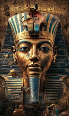 Golden pharaoh bust with hieroglyphics background.
