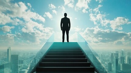 Businessman Silhouette on Steps Towards Leadership Concept