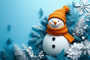 Cute Snowman with Orange Hat and Scarf Nestled in Frosty Pine Branches. Vertical image 