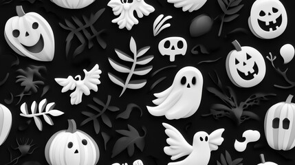 Seamless pattern illustration of white Halloween decorations, including ghosts, pumpkins, and skulls, scattered on a black background.