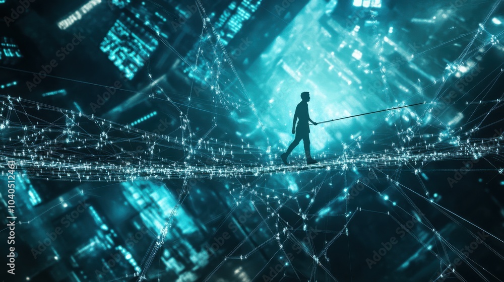 Poster a creative depiction of a person walking on a tightrope made of digital data, symbolizing the balanc