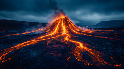 The Fiery Volcanic Mountain: A Luminous Beacon Amidst the Enveloping Darkness and Stormy Skies