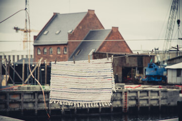 Towel hanging on a boat in Copenhagen, Dennmark