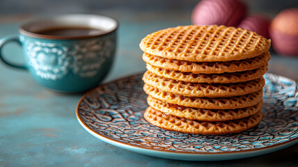 Whimsical Dutch Stroopwafel Advertising Background with Fresh Coffee and Colorful Decor