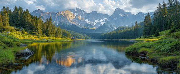 Serene lake reflects the majestic mountains and dense forests. The tranquil waters mirror the rugged peaks, while lush greenery lines its shore. A cloudy sky.