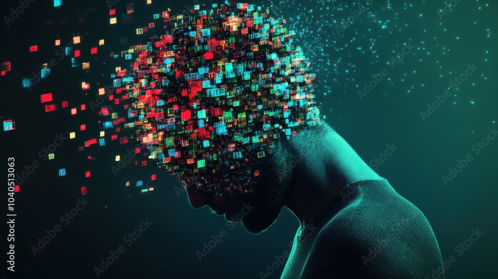 Poster A creative depiction of a person with a head full of colorful digital codes, symbolizing the data overload in contemporary life, Digital workspace