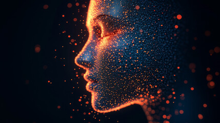 A cyberpunk-inspired illustration for artificial intelligence, face recognition systems, and virtual reality concepts. Features a human face composed of particles, presented in a 3D rendering.



