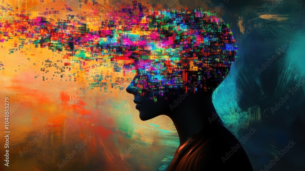 Poster A creative depiction of a person with a head full of colorful digital codes, symbolizing the data overload in contemporary life, Digital workspace