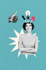 Vertical photo collage of happy girl cut head arrow success development puzzle segment bulb idea...