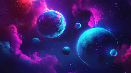 Obraz premium Create a captivating background featuring a dark, retro-futuristic aesthetic with neon elements that evoke a cosmic theme.
