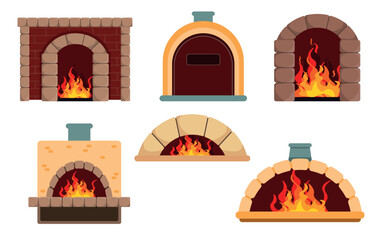 Set of stone ovens in cartoon style. Vector illustration of stoves of different shapes and sizes, fireplaces with fire isolated on white background. Thermal equipment for room heating and cooking.