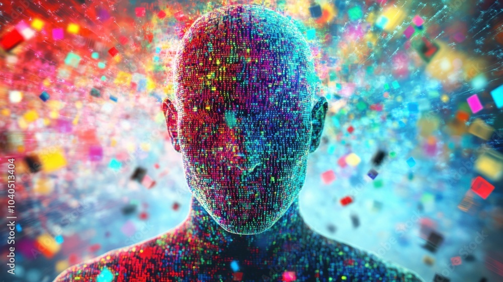 Poster A creative depiction of a person with a head full of colorful digital codes, symbolizing the data overload in contemporary life, Digital workspace
