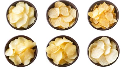 Variety of Potato Chips in Bowls Arranged on a Transparent Background Generative AI
