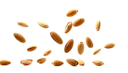 Whole, shelled and blanched almond nuts flying isolated on white background. Vertical layout isolated with white highlights, png