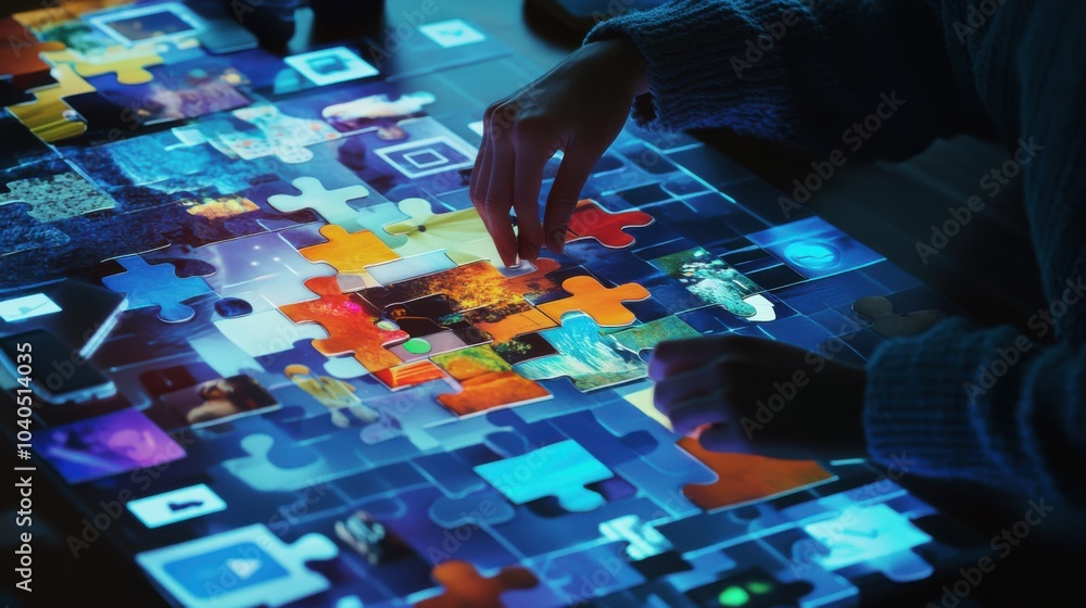 Poster a creative scene of a person assembling a giant digital puzzle from floating app icons and productiv