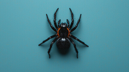 Obraz premium A close-up view of a black spider with distinctive orange markings, set against a textured teal background.