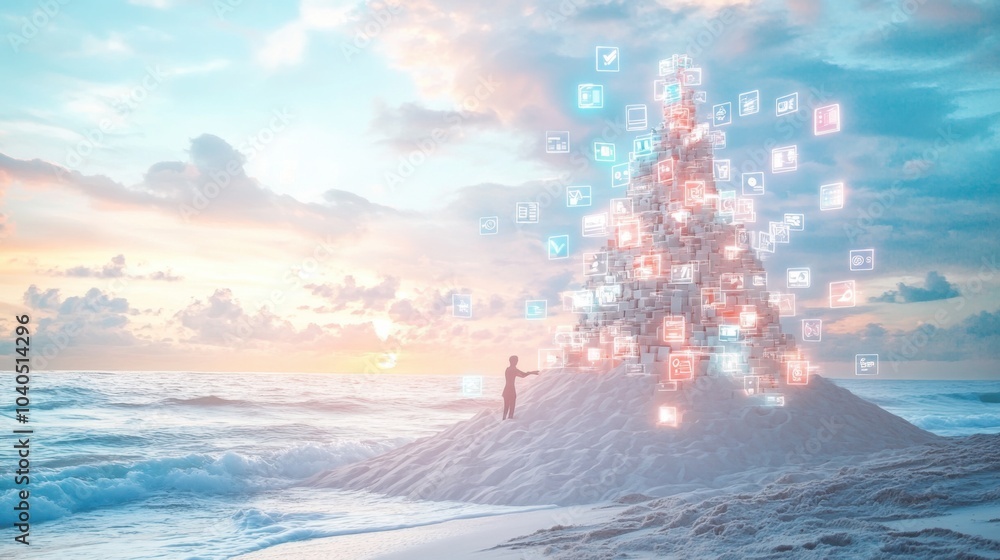 Poster A creative scene of a person building a giant sandcastle from glowing digital blocks and floating app icons on a serene beach