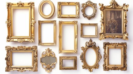 Antique gold frames, each with unique ornate designs, isolated on a white background