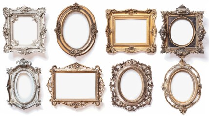 Antique gold frames, each with unique ornate designs, isolated on a white background