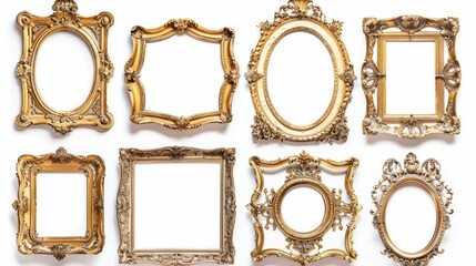 Antique gold frames, each with unique ornate designs, isolated on a white background