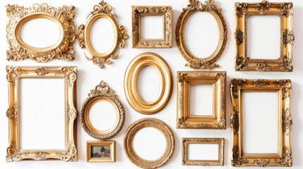 Antique gold frames, each with unique ornate designs, isolated on a white background