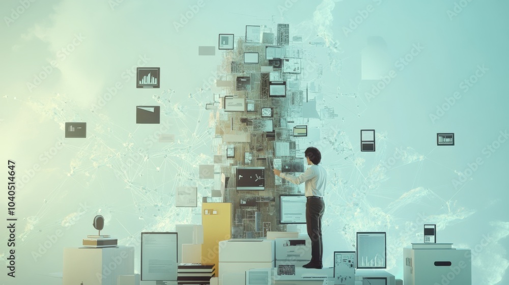 Poster a creative scene of a person building a towering structure from digital devices and floating task ic