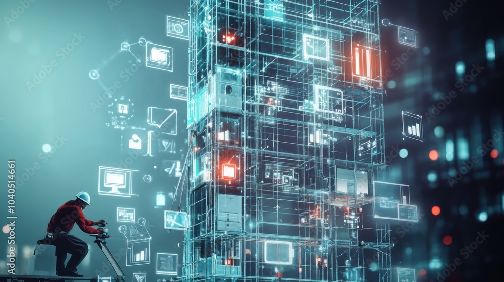 Poster a creative scene of a person building a towering structure from digital devices and floating task ic