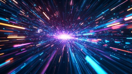 Obraz premium A bold visualization of hyper-speed data movement, with luminous rays and explosive effects, against a rich dark background 