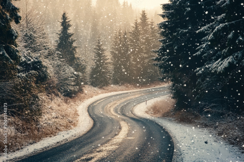Poster a beautiful winding road in a snowy forest is bathed in warm golden sunlight, creating a magical con