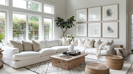 Fototapeta premium Cozy living room with a sectional sofa, a soft armchair, and calming posters on the wall