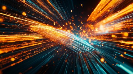 Obraz premium A chaotic yet beautiful depiction of data flow in a sci-fi setting, with bright neon rays and explosive bursts of color, on a black background