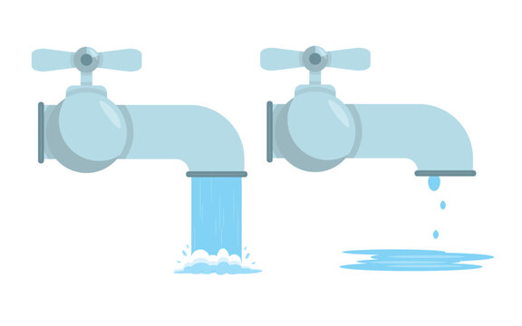 Set of water taps in cartoon style. Vector illustration of faucets with handles with different water flow:strong stream and drops dripping isolated on white background. Piping system for water supply.