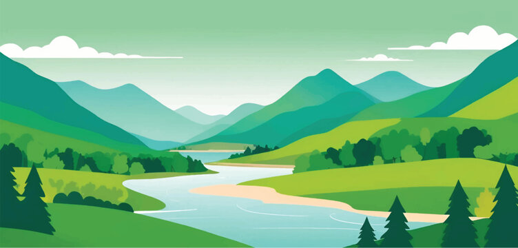 Colorful and beutiful mountain landscape with a river hills, forests, at sunset,  vector Illustration. 
