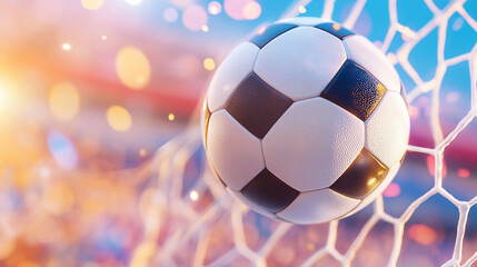 Fototapeta premium A soccer ball breaking through the goal net during an exciting moment in a match. The soccer ball is in the air.