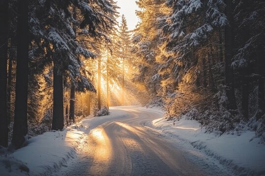 Golden sunlight peeks through snow-laden trees along a winding forest road, casting radiant beams and enchanting the serene winter landscape with warmth and light.