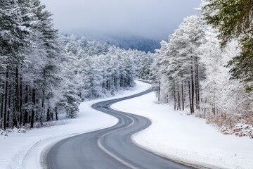 Obraz premium A smooth road meanders through a snow-laden forest, with rows of frosted trees creating a mesmerizing winter scene enveloped in silence and peacefulness.