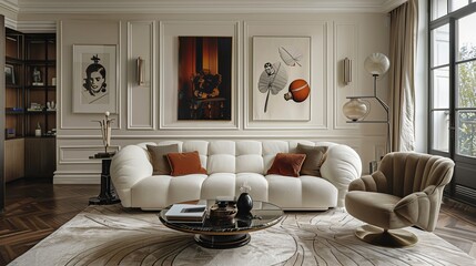 Cozy living room with a sectional sofa, a soft armchair, and calming posters on the wall