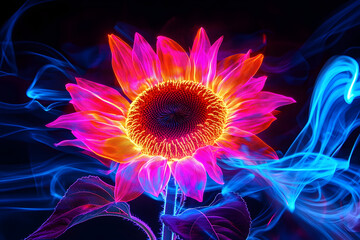 Bright neon silhouette of a sunflower with vibrant petals isotated on black background.