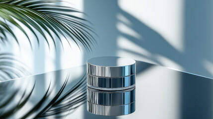 Minimalist Cosmetic Jar with Metallic Silver Lid and Palm Leaf Reflection