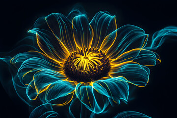 Neon outlined sunflower with dynamic petals isotated on black background.