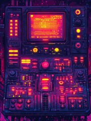 Fototapeta premium Retro-Futuristic Control Panel with Neon Pink and Orange Lights, Sci-Fi Interface Design and Toggle Switches